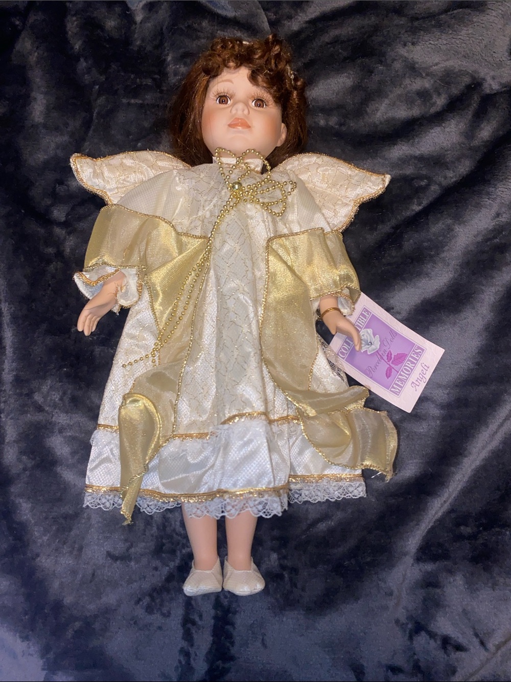 Porcelain Angel Doll in White and Gold Dress with Curly Brown Hair-Angeli